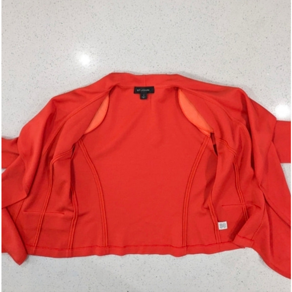 St.John Woman Coral  Draped Open Front Cardigan Sweater Blazer Princess Seams 8 - Picture 5 of 9